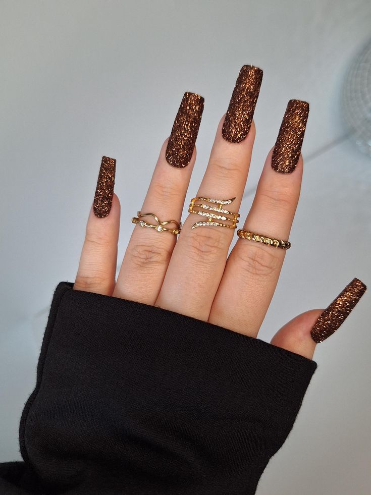 Brown Glitter Accent Nails