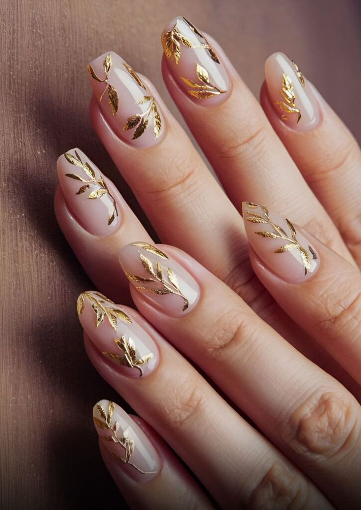 Golden Leaf Nails
