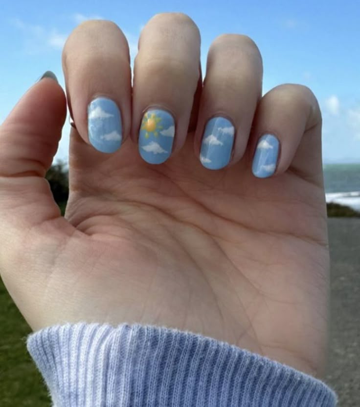 Sky Blue Nails with Cloud Art