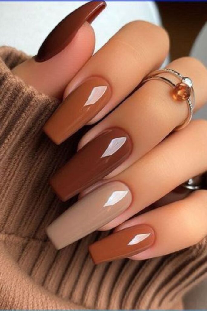 Nude and Brown Color Block Nails
