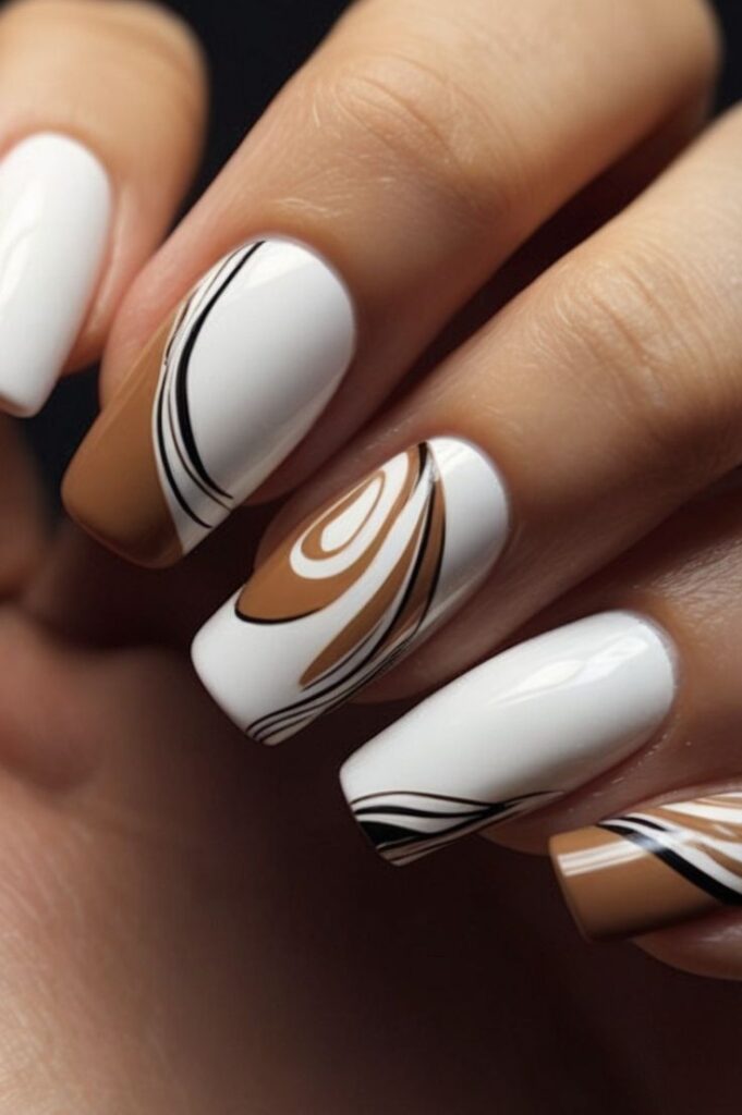 Brown and White Abstract Nails