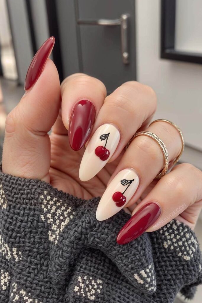 Matte Nails with Cherry Details