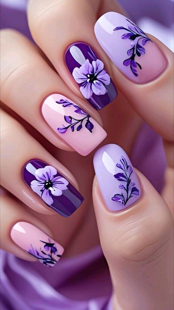 Violet Floral Nail Art