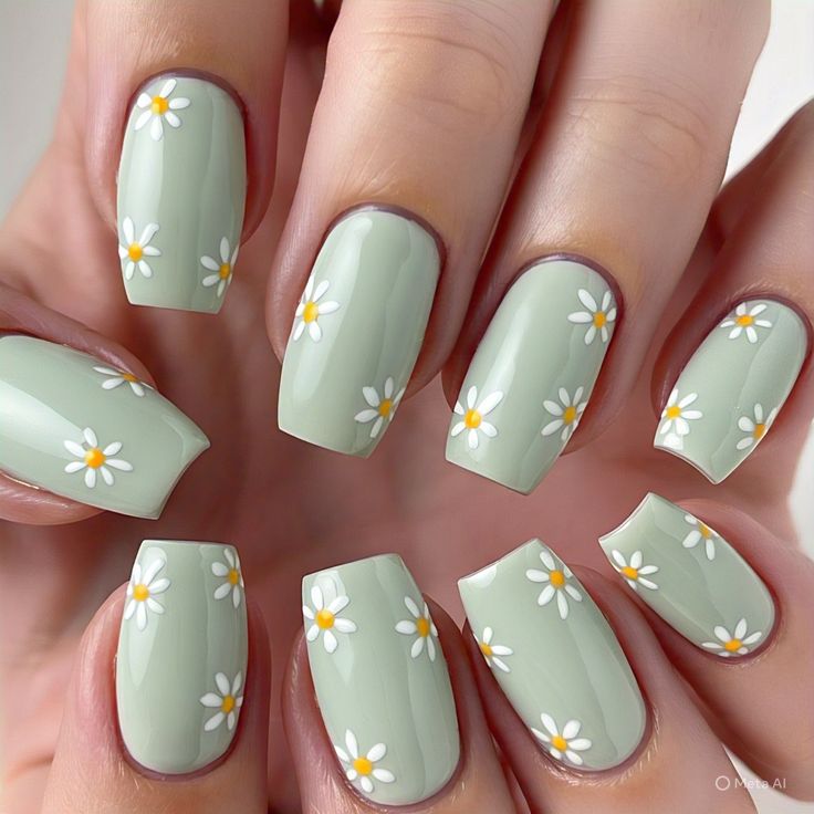 Pistachio Green with White Daisies
