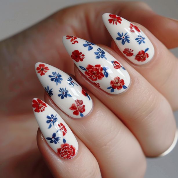 Red and Blue Floral Nails