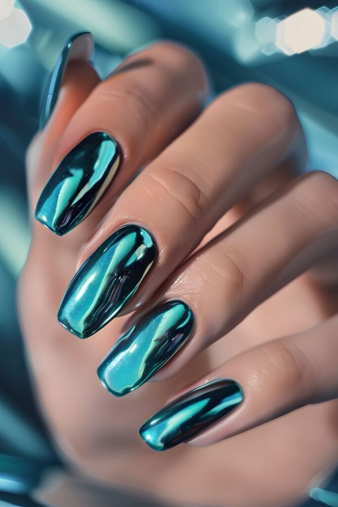 Teal Chrome Nails