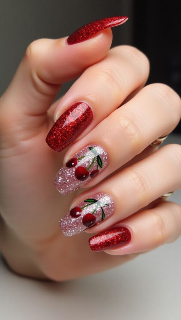 Glitter Cherry Nails