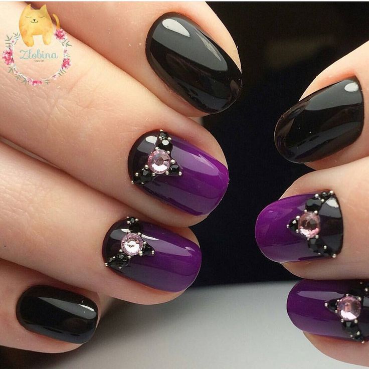 Black Nails with Purple Rhinestones