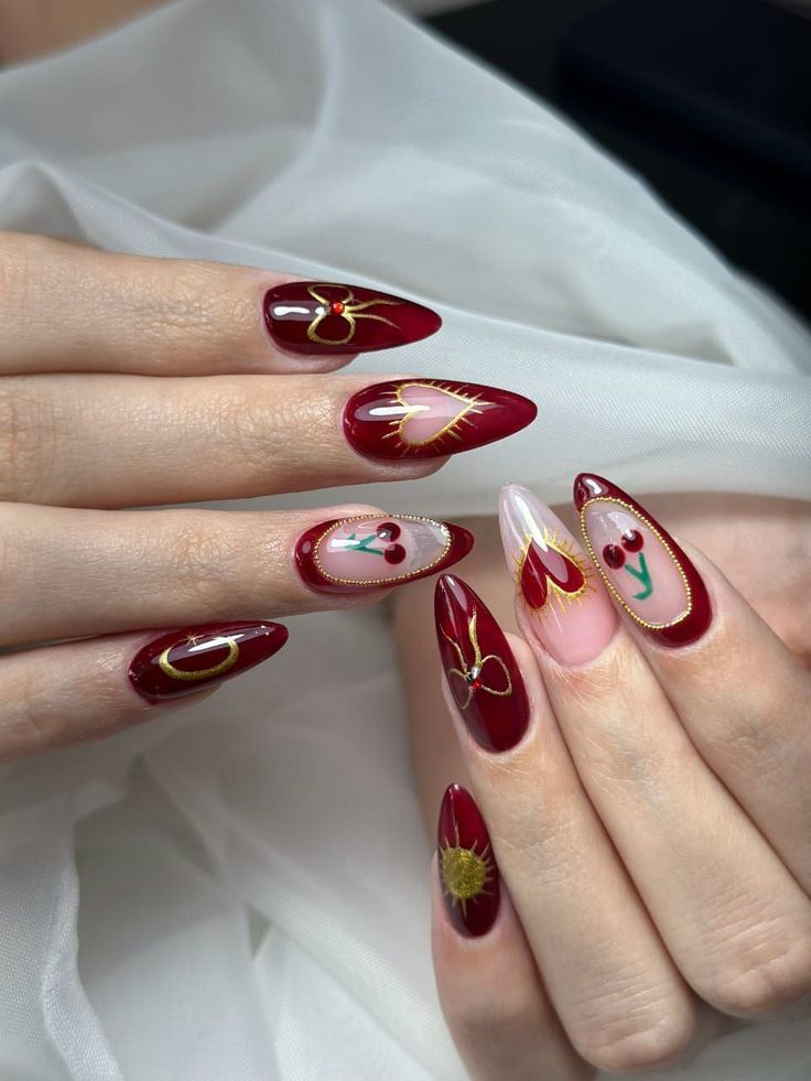 Cherry Nails with Gold Foil